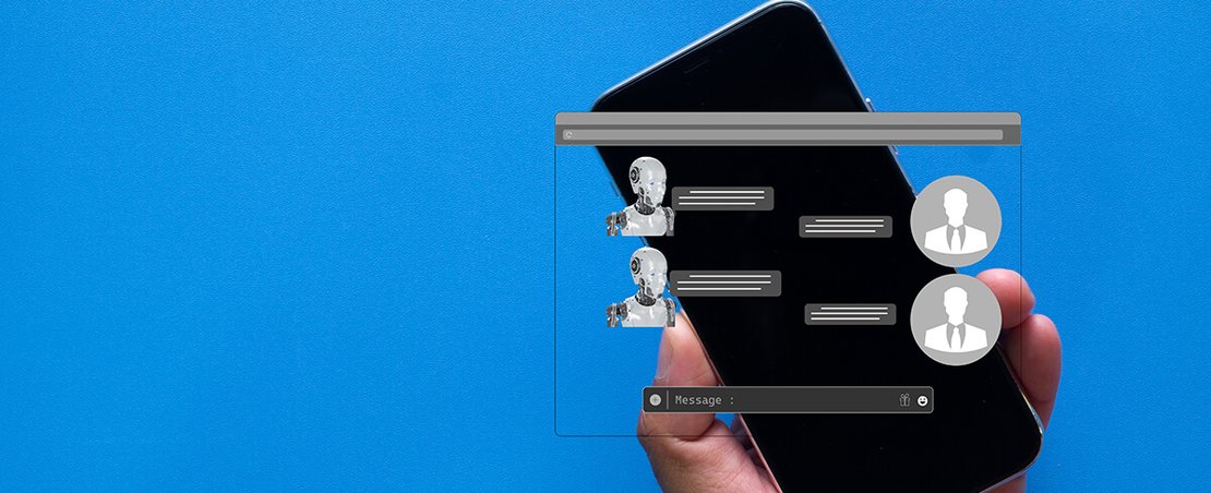 Smartphone displaying chatbot conversation with robotic avatar on blue background
