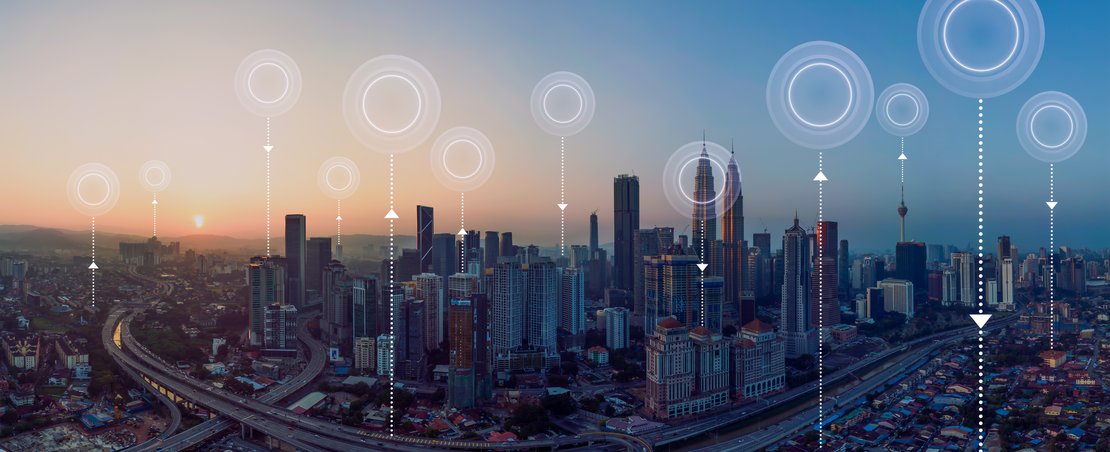 Panorama aerial view in the cityscape skyline with network connection concept , early morning sunrise scene .