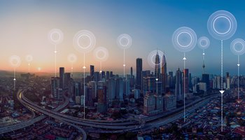Panorama aerial view in the  cityscape skyline  with network connection concept , early morning sunrise scene .
