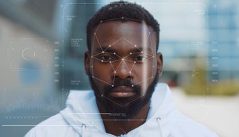 Future. Face Detection. Technological 3d Scanning. Biometric Facial Recognition. Face Id. Technological Scanning of the Face of Handsome Young African American for Facial Recognition. Shoted by Arri Alexa Mini