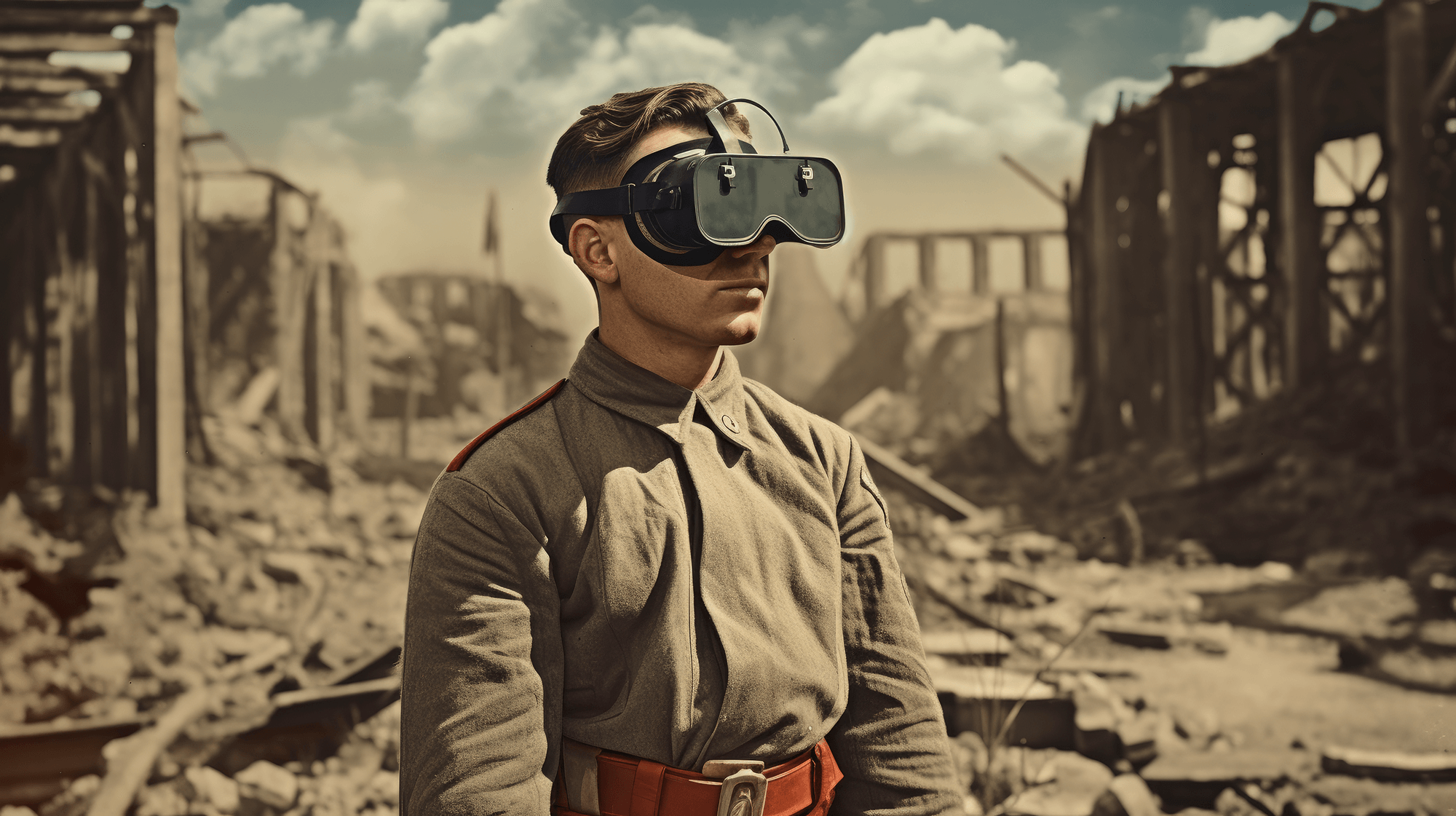 Man in focus wearing a VR headset with the landscape behind him barren and decayed