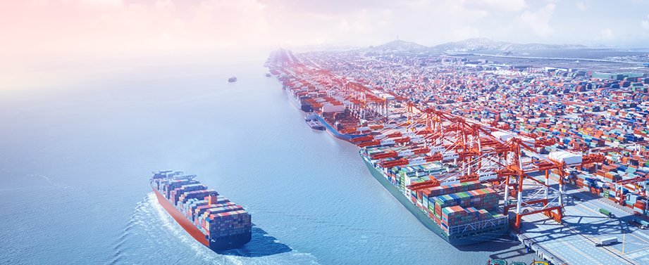Container ship leaving the port