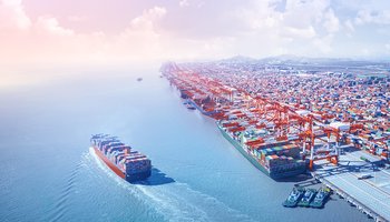 Container ship leaving the port