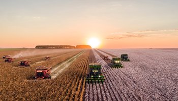 Tractors in field at sunset