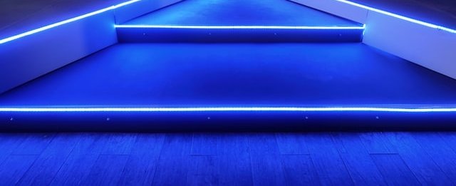 blue building, glowing