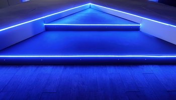 blue building, glowing