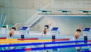Swimmers diving into swimming pool