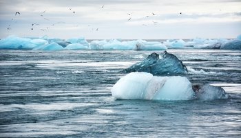 Icebergs, ocean, sky