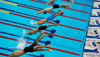 Swimmers diving into swimming pool